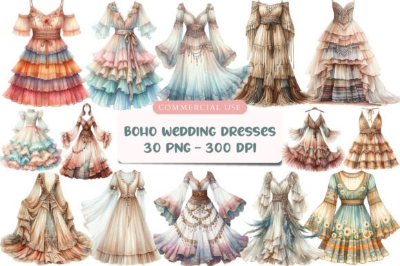 Watercolor Boho Wedding Dresses Clipart: A Dreamy Design Resource
